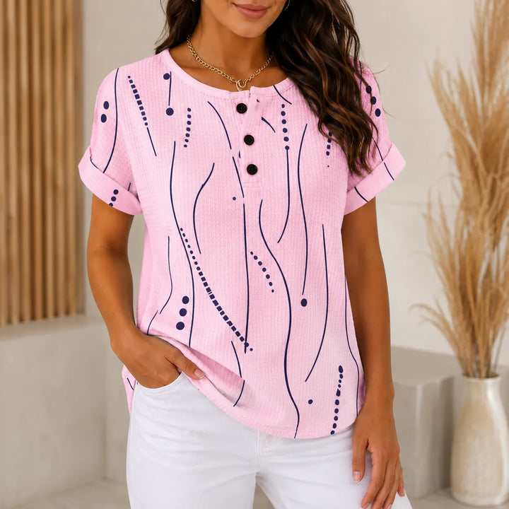 Marellia – Abstract Print Waffle Top with Button Placket