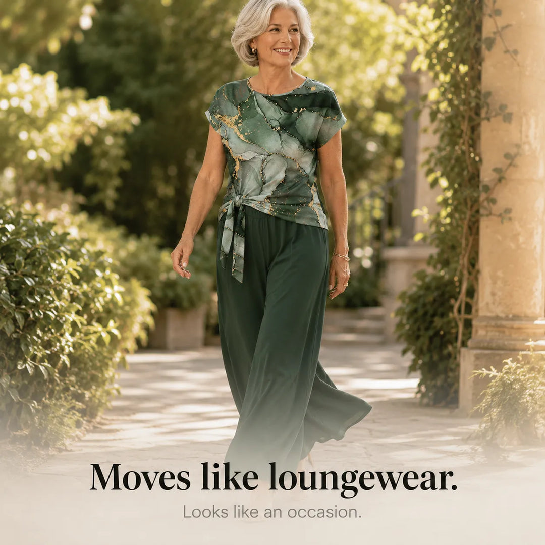 Marovelle – Marble Print Knot-Front Top and Wide-Leg Pants Set