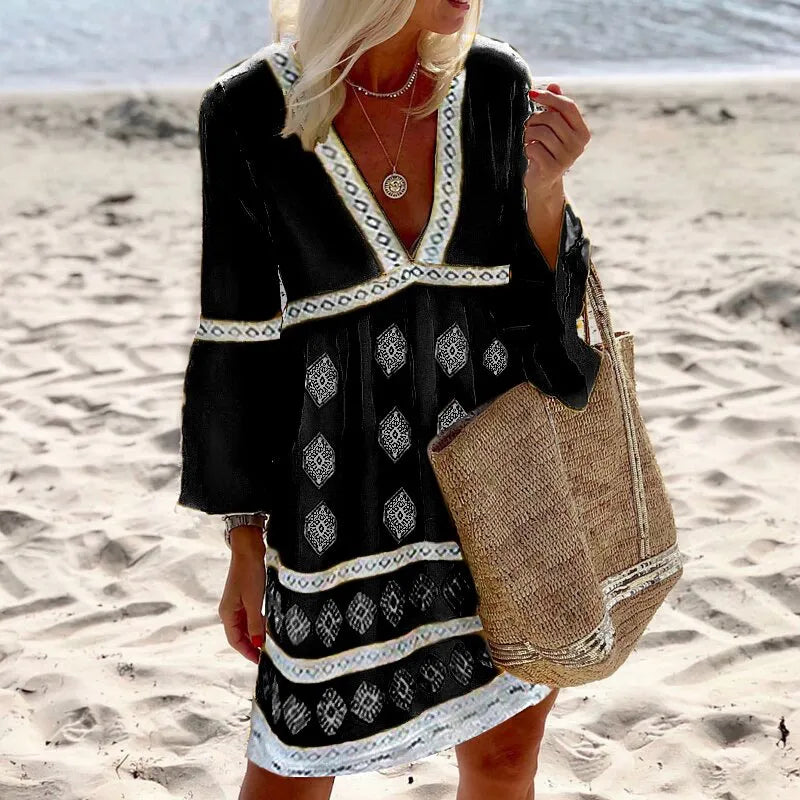 Lydia | Women's Tunic Dress with V-Neckline and Long Bell Sleeves