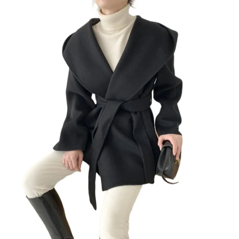 Ellen | Women's Coat with Hood and Tie Belt