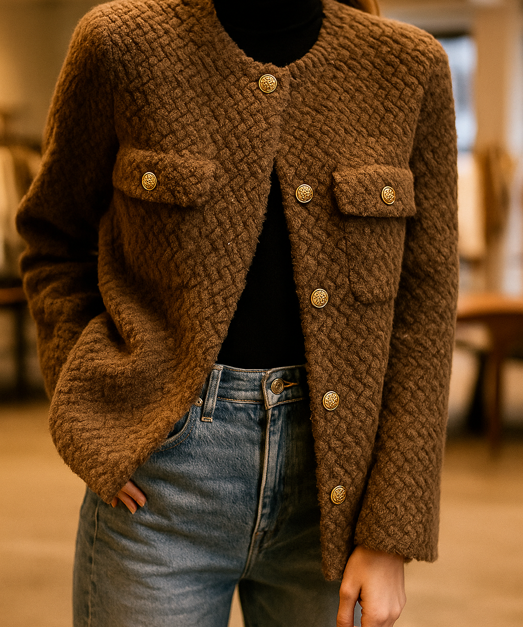 Leonora | Women's Short Velvet-Texture Coat with Gold Button Detail