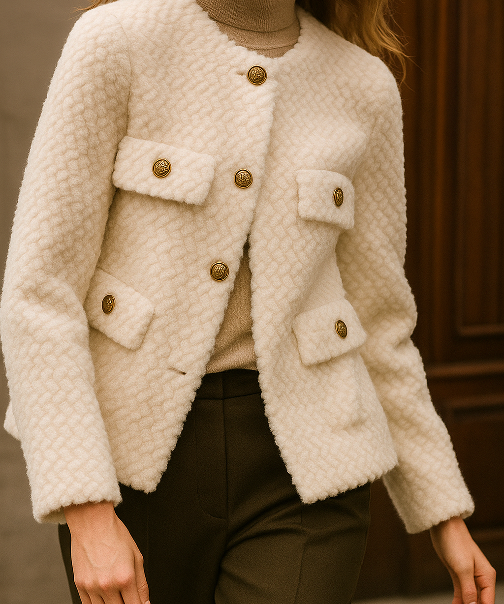 Leonora | Women's Short Velvet-Texture Coat with Gold Button Detail