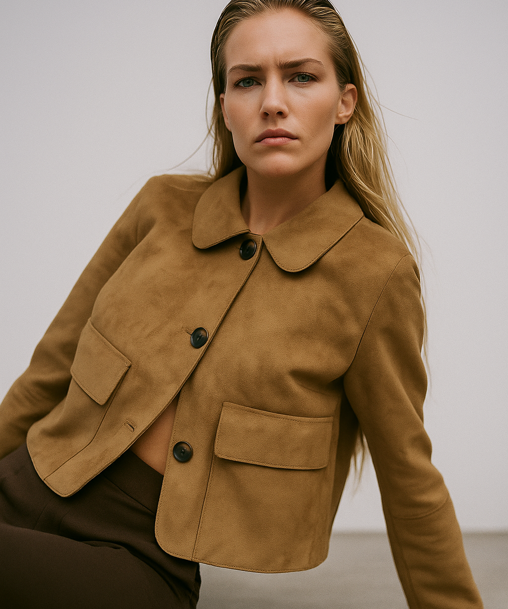 Tatiana | Women's Cropped Faux-Suede Jacket with Lapel and Oversized Buttons