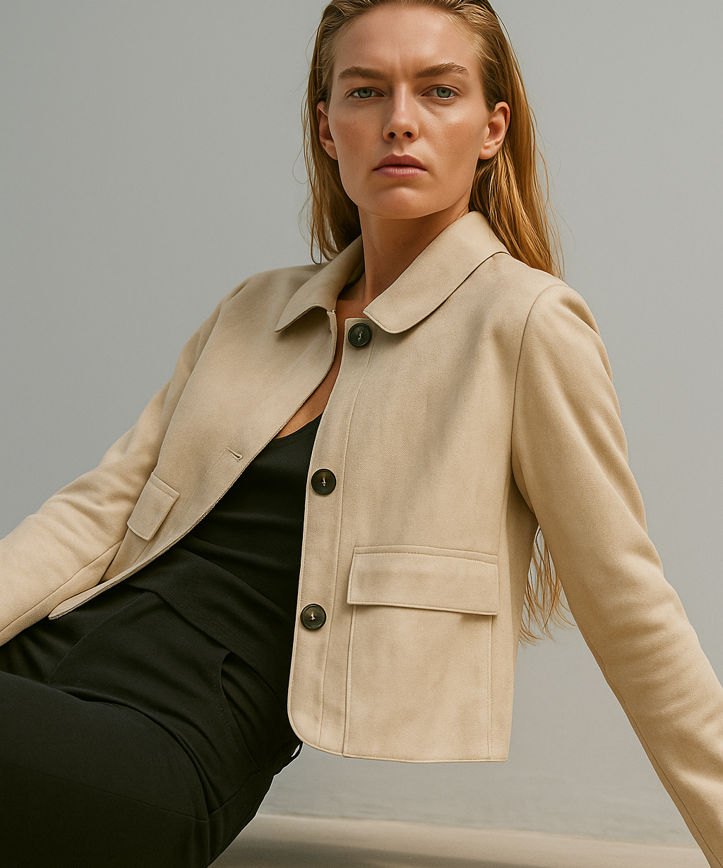 Tatiana | Women's Cropped Faux-Suede Jacket with Lapel and Oversized Buttons