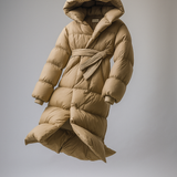 Casey | Women's Long Duck Down Puffer Coat with Belted Waist and Hood