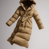 Casey | Women's Long Duck Down Puffer Coat with Belted Waist and Hood