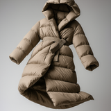 Casey | Women's Long Duck Down Puffer Coat with Belted Waist and Hood
