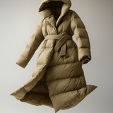 Casey | Women's Long Duck Down Puffer Coat with Belted Waist and Hood