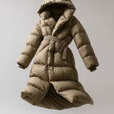Casey | Women's Long Duck Down Puffer Coat with Belted Waist and Hood