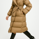 Casey | Women's Long Duck Down Puffer Coat with Belted Waist and Hood