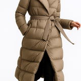 Casey | Women's Long Duck Down Puffer Coat with Belted Waist and Hood