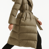 Casey | Women's Long Duck Down Puffer Coat with Belted Waist and Hood