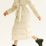 Casey | Women's Long Duck Down Puffer Coat with Belted Waist and Hood