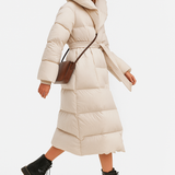 Casey | Women's Long Duck Down Puffer Coat with Belted Waist and Hood