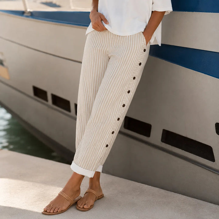 Marena – Striped Side-Button Cropped Summer Pants for Women