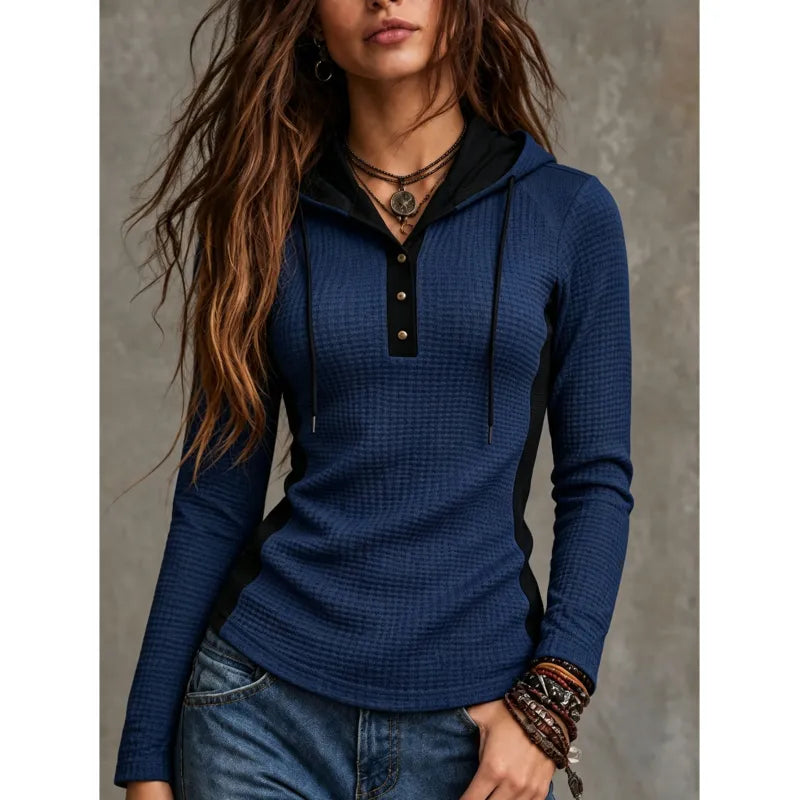 Ribvia | Women's Hoodie with Button Placket and Drawstrings