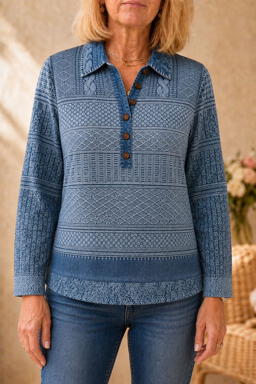 Layerlyn – Denim Patchwork Textured Knit Blouse