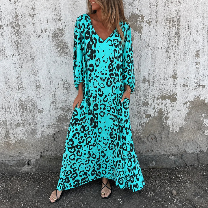 Lunavia – Leopard Print V-Neck Maxi Dress with Pockets, Loose Kaftan Fit, 4 Colors