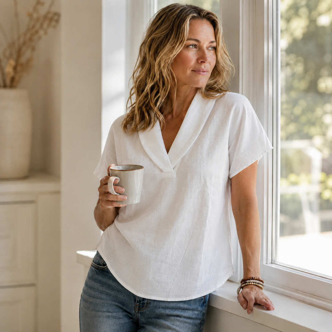 Sevella – Women's textured shawl V-neck summer tee, loose fit