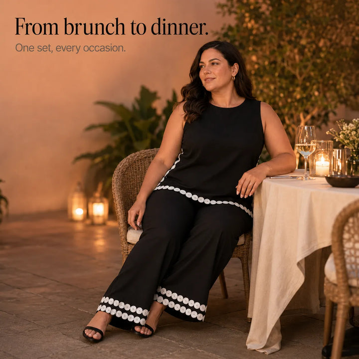Marovée – Sleeveless Top & Wide Leg Pants Set with Crochet-like Trim Details