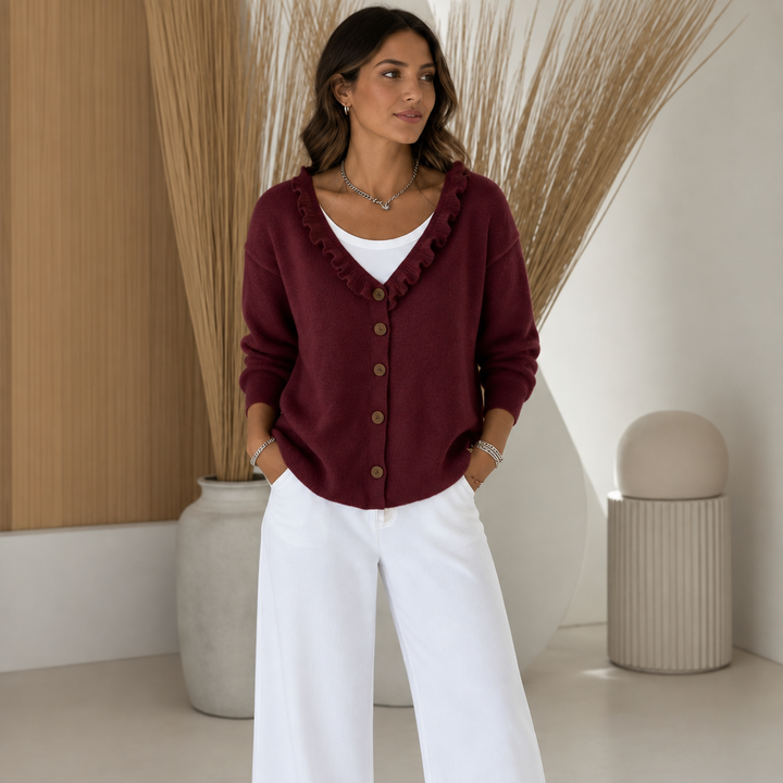 Wearbella – Ruffle Collar Stretch-Knit Cardigan
