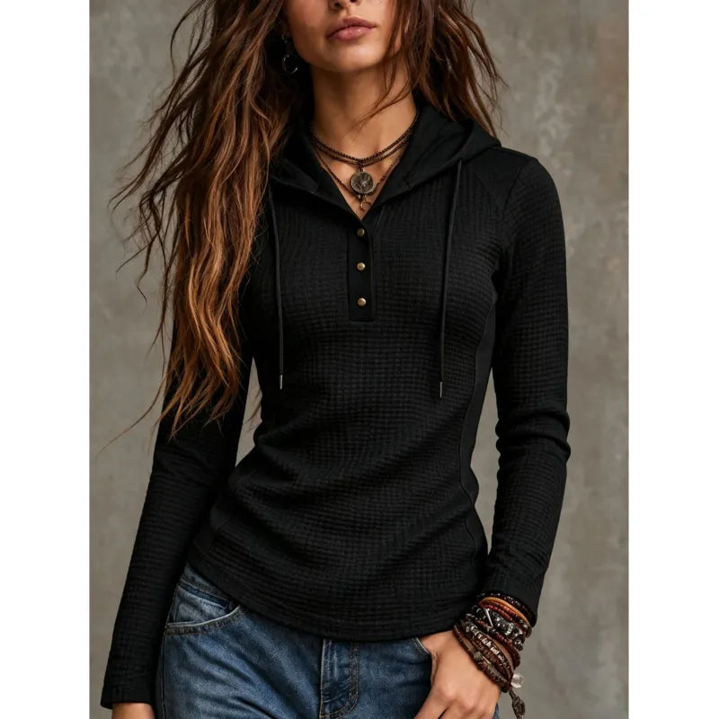 Ribvia | Women's Hoodie with Button Placket and Drawstrings