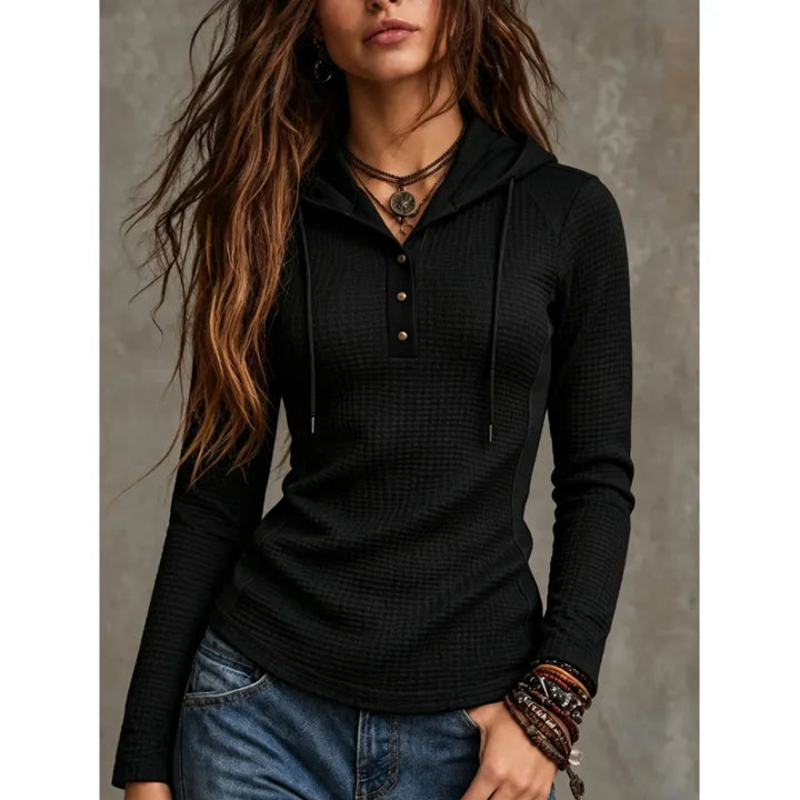 Ribvia | Women's Hoodie with Button Placket and Drawstrings