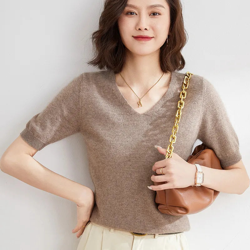 Elysian | Women’s Knit Top with V-Neckline and Short Sleeves