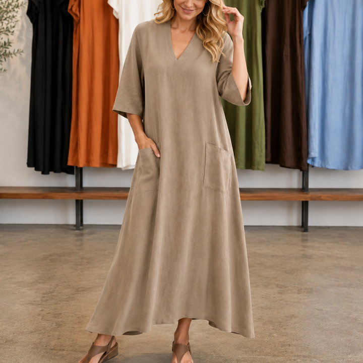 Marisole – Pocketed Loose-Fit V-Neck Maxi Dress