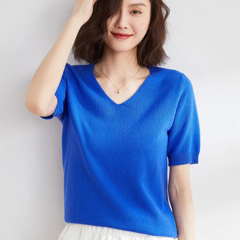 Elysian | Women’s Knit Top with V-Neckline and Short Sleeves