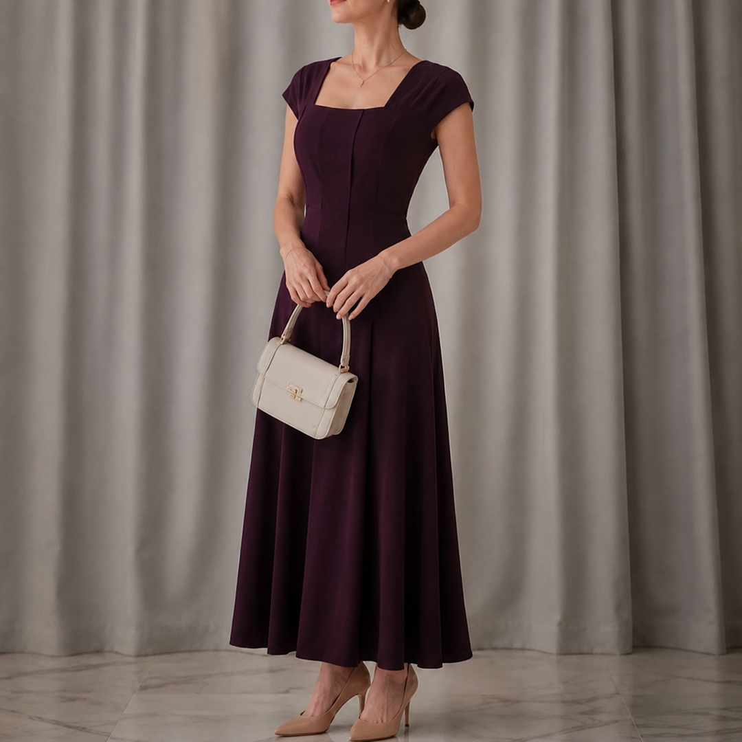 Elowyn – Square Neck A-Line Midi Dress with Sculpted Waist