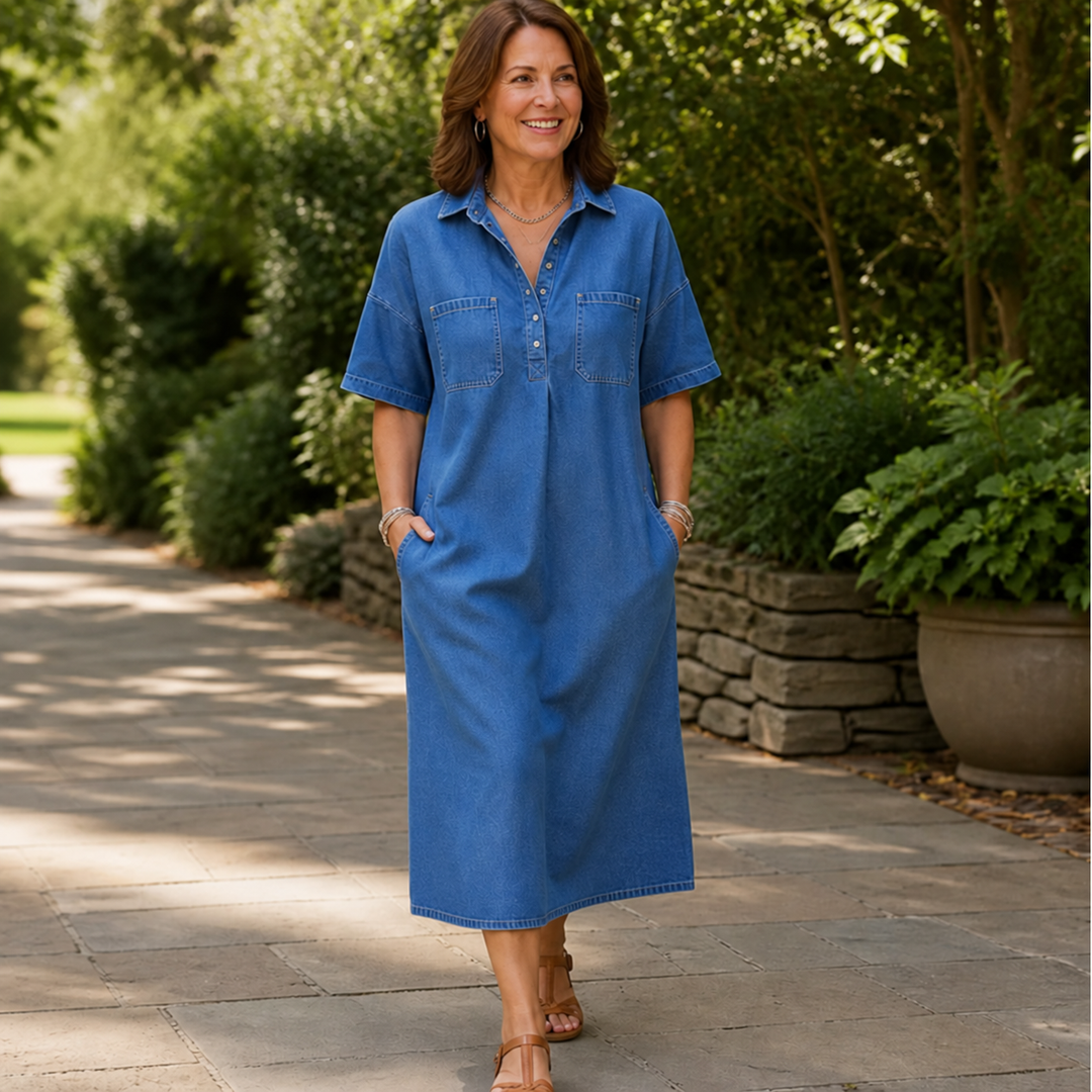Denimly – Pocketed Shirt Collar Denim Midi Dress