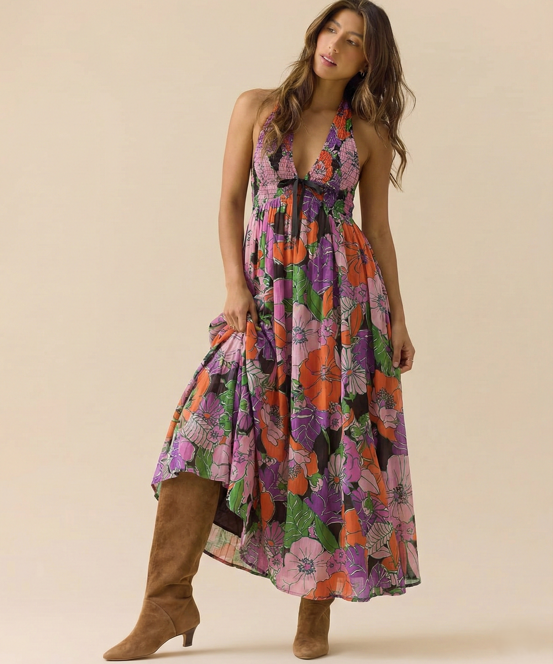 Valerie | Women's Halter Maxi Dress with Open Back and Pleated Skirt