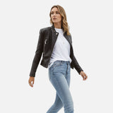 Women’s Black Stand Collar Leather Jacket