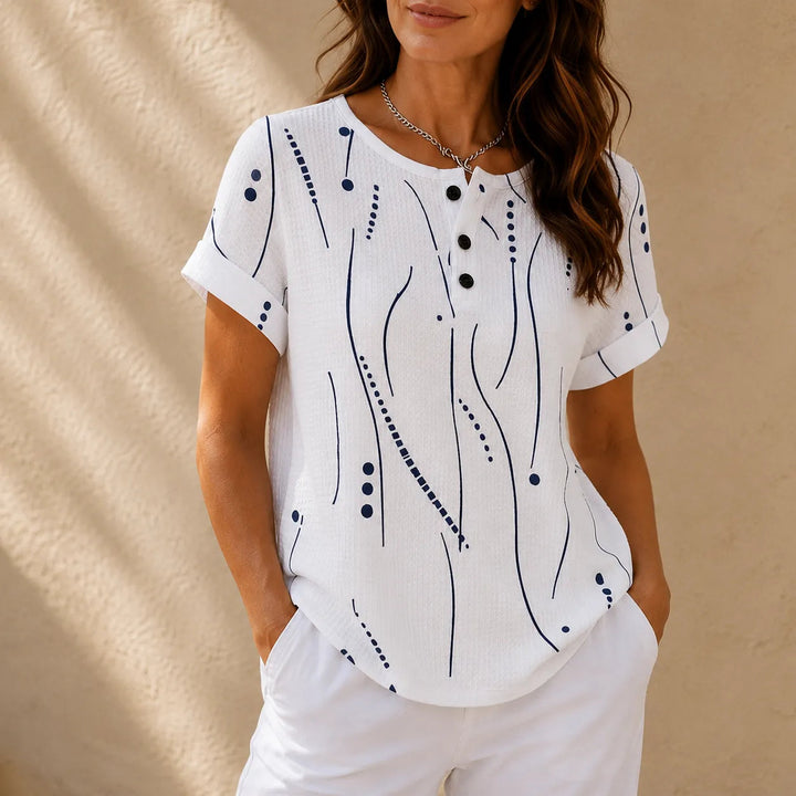 Marellia – Abstract Print Waffle Top with Button Placket