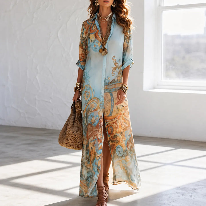 Solmare – Mediterranean Baroque Print Chemisier Maxi Dress