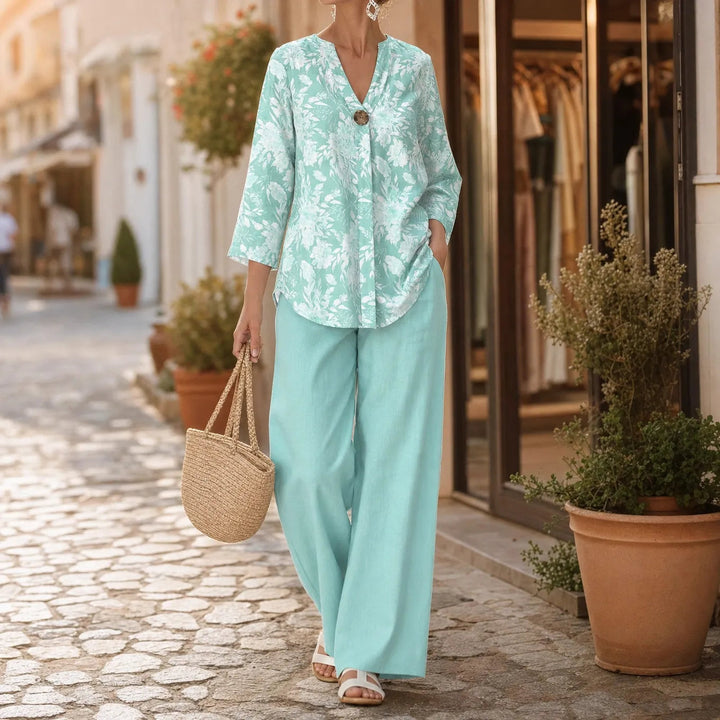 Marelle – Women's V-neck floral tunic and wide-leg pants 2-piece set