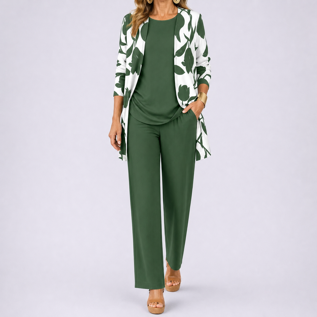 Brenda – Women's 3 Piece Set with Floral Cardigan, Scoop Top and Wide Leg Trousers