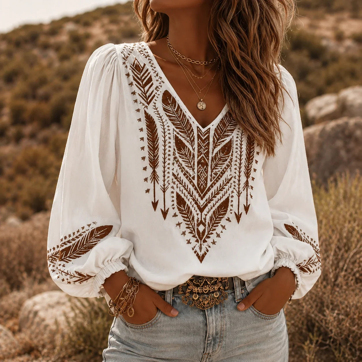 Soluna – Boho Blouse, V-Neck, Balloon Sleeve