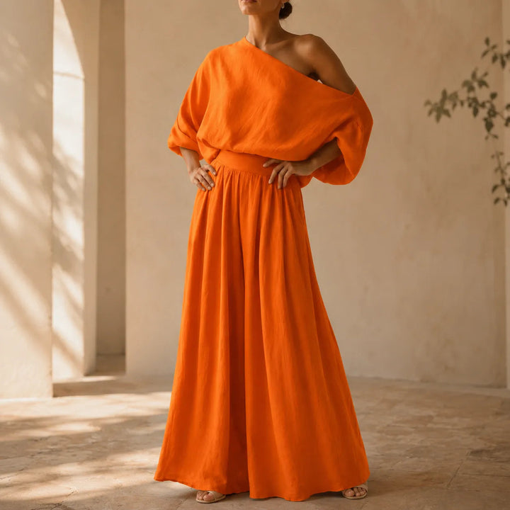 Solendra – Coordinated One-Shoulder Top and Flowing Wide-Leg Pants