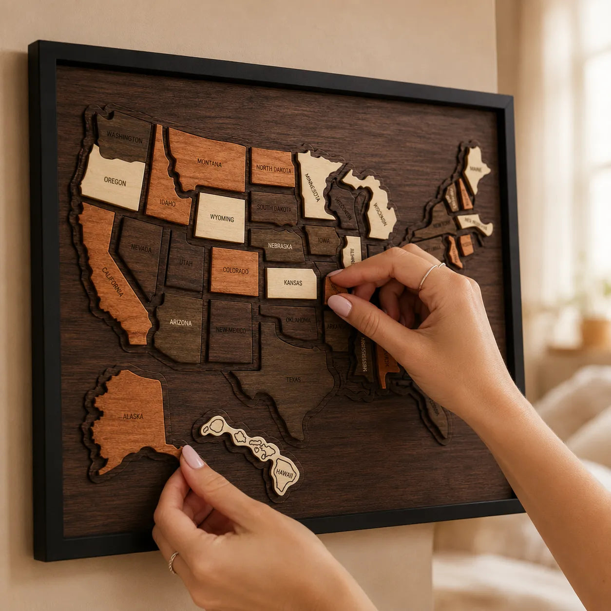 Wanderoak – Wooden USA Travel Map with 3D State Pieces