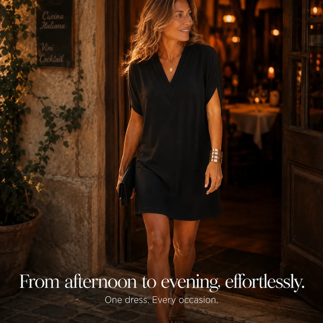 Solenne – Pleated V-Neck Soft-Drape Shift Dress