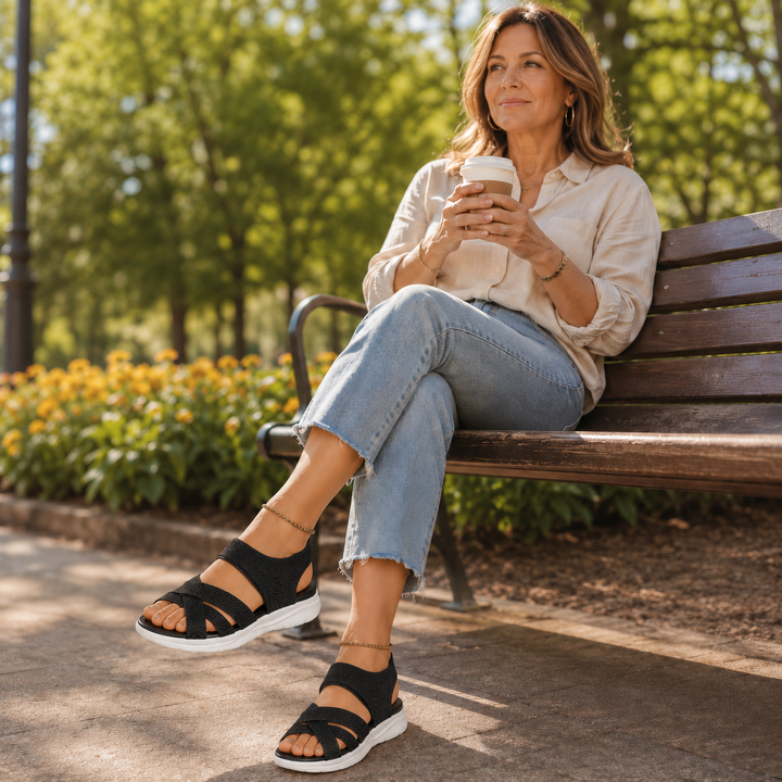 Veluna – Cushioned Stretch Knit Cross Strap Sandals for Women