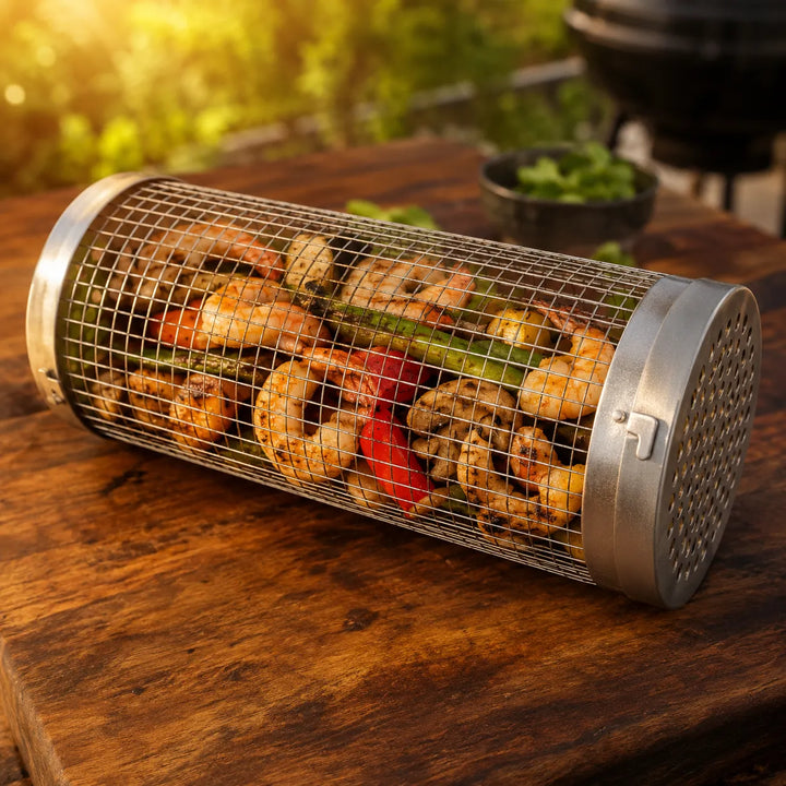 Rollwell – Rolling Stainless Mesh Grill Basket with Hook