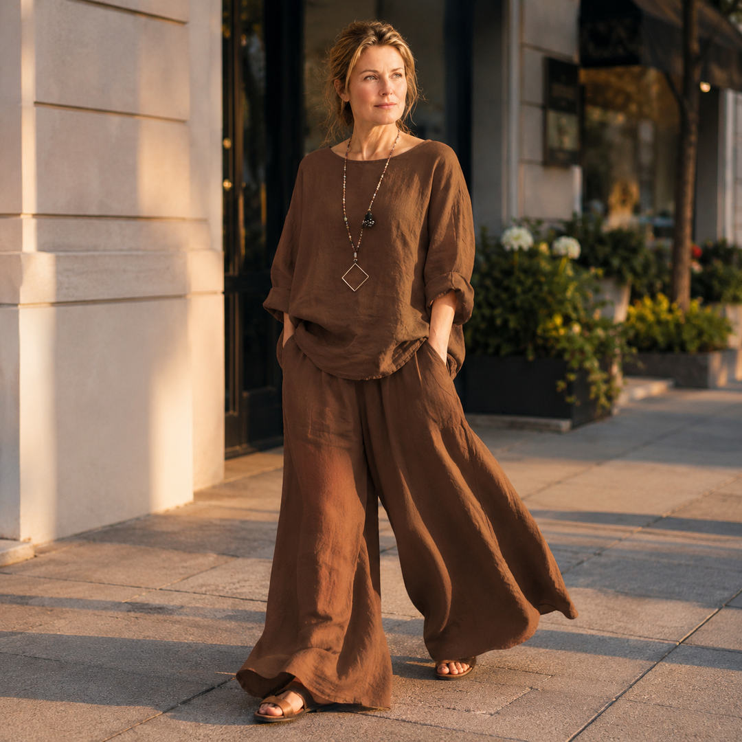 Lunavia – Oversized Cotton-Linen Two-Piece Set with Wide-Leg Pants