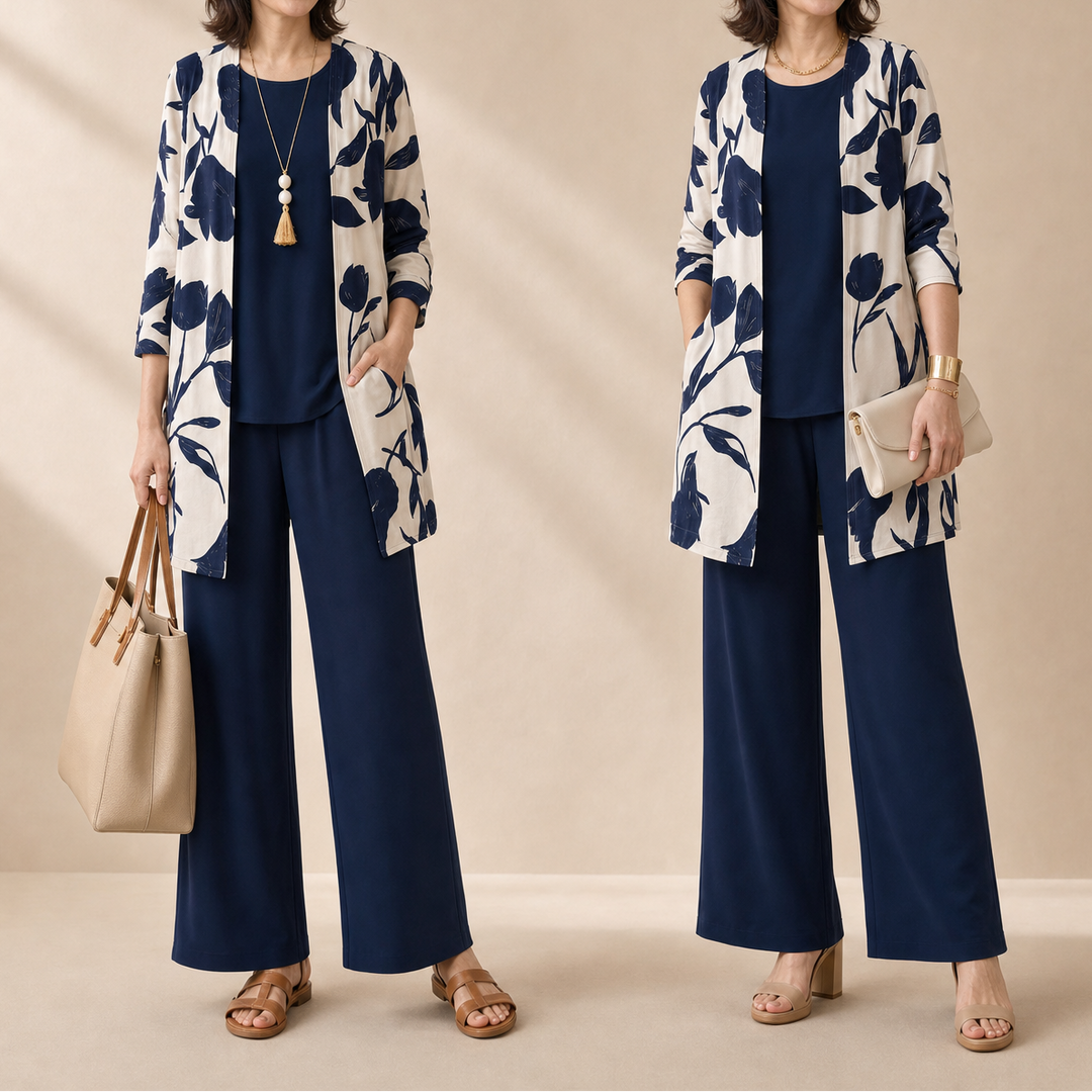 Evania – Women's Navy Botanical 3 Piece Outfit Set with Longline Cardigan