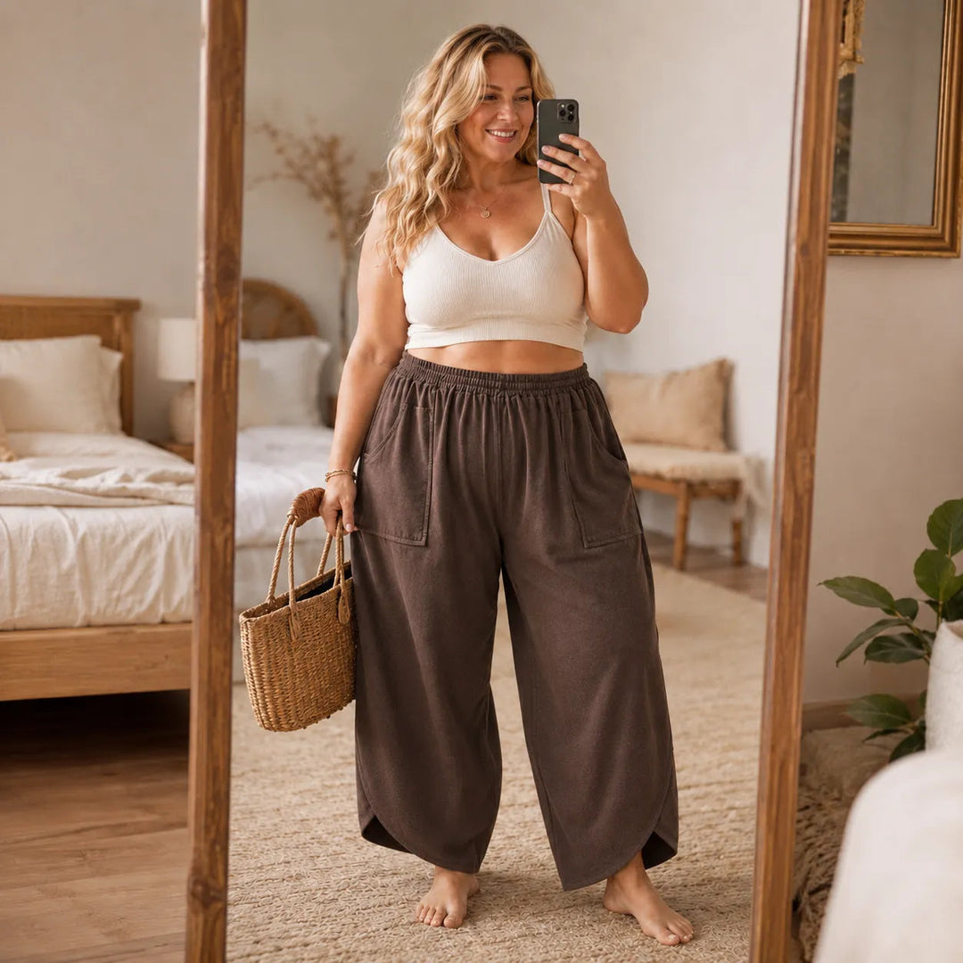 Lounella – Wide Leg Harem Pants with Elastic Waist and Deep Pockets