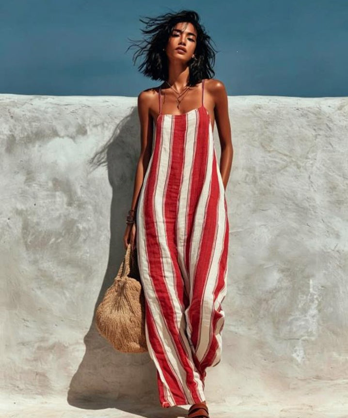 Greta | Women's Wide Leg Halter Jumpsuit with Stripe Print