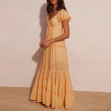 Genevieve | Women's Maxi Dress with Puff Sleeves and Lace Patchwork