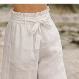 Calla | Women's Pants with Ruffled Waistband and Tie Belt